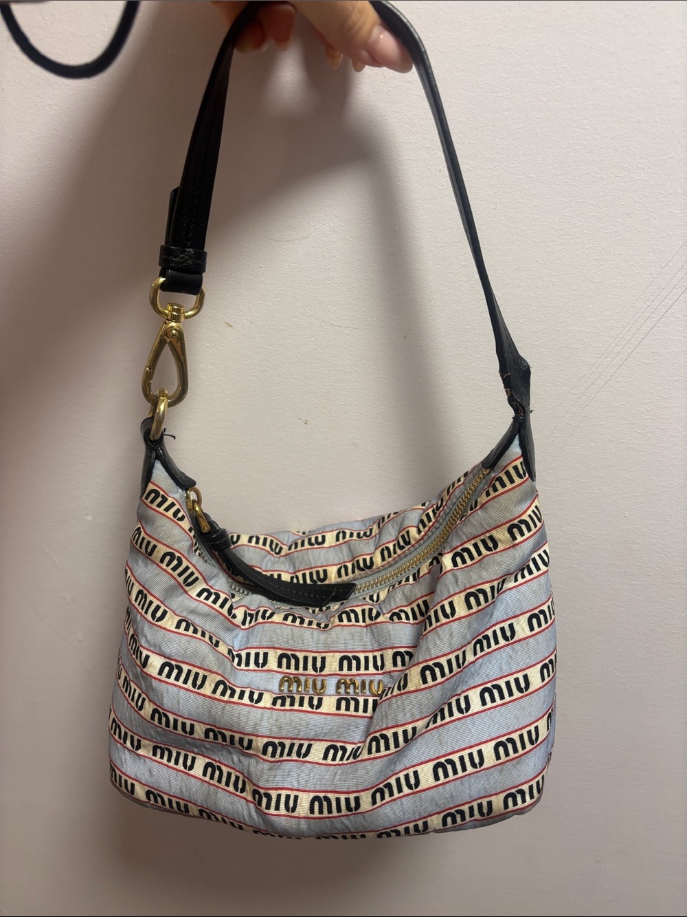 Miu Miu Cream Canvas Shoulder Bag with Black Strap and Red Accent